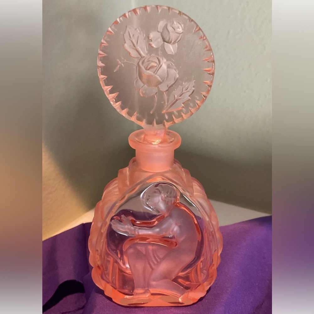 Rare Art Deco Czech Signed Pink Etched Women Floral Cut Glass Perfume Bottle